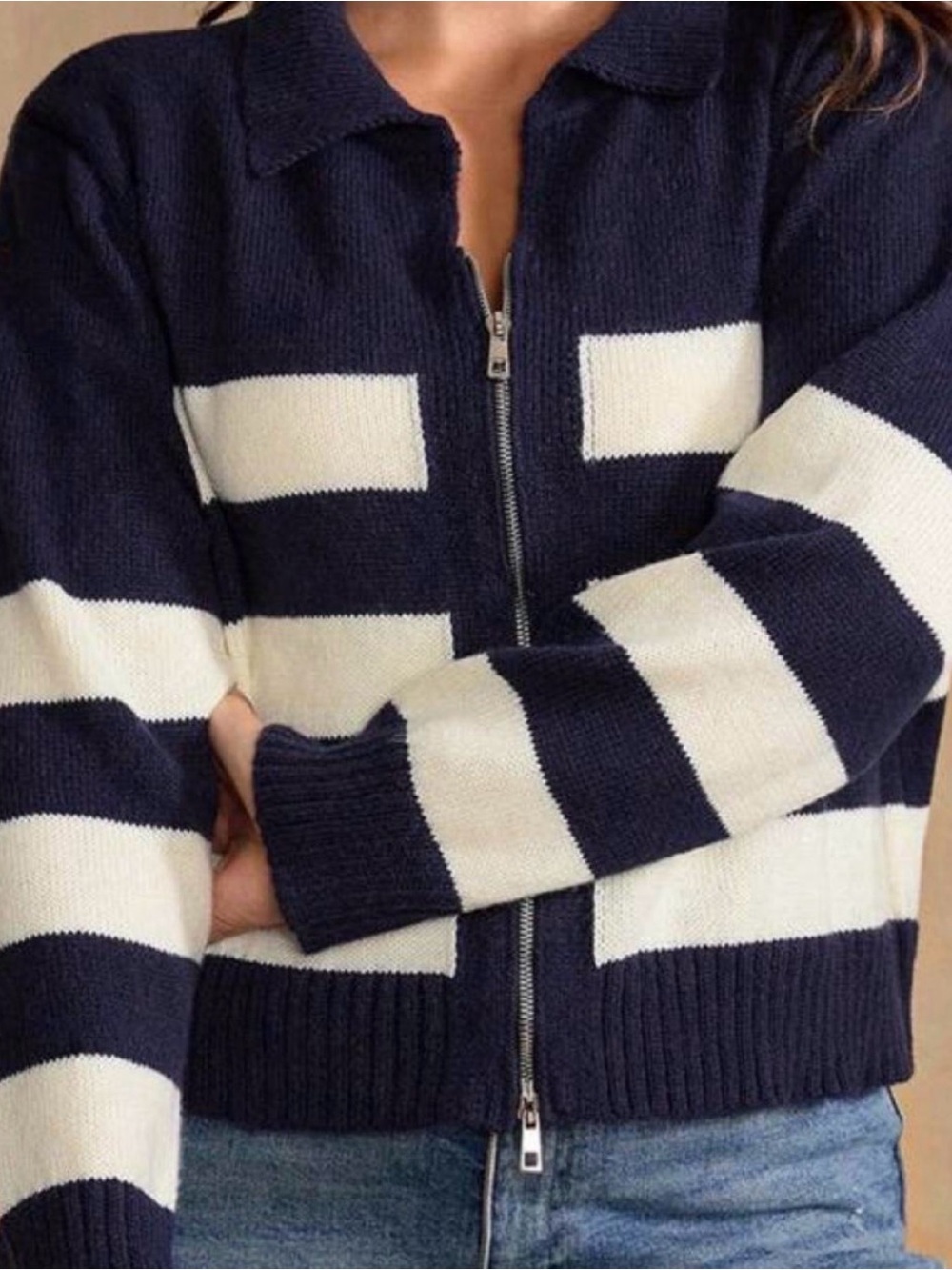 SHEIN Navy and Cream Striped Zip-Up Cardigan